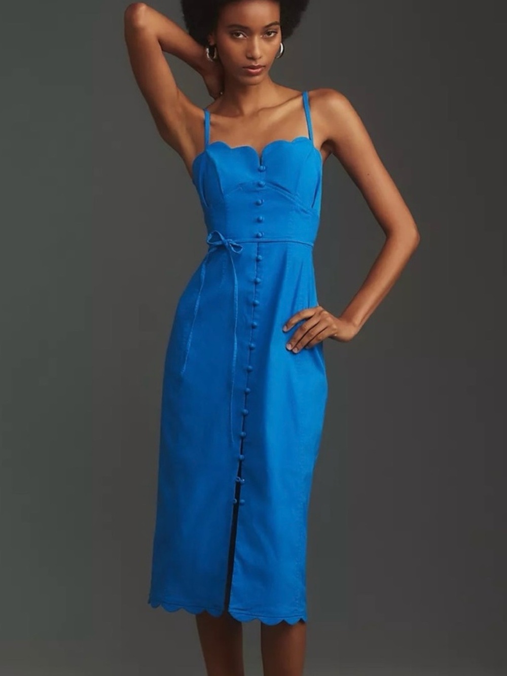 Anthropologie Cobalt Blue Scalloped Button-Front Midi Dress